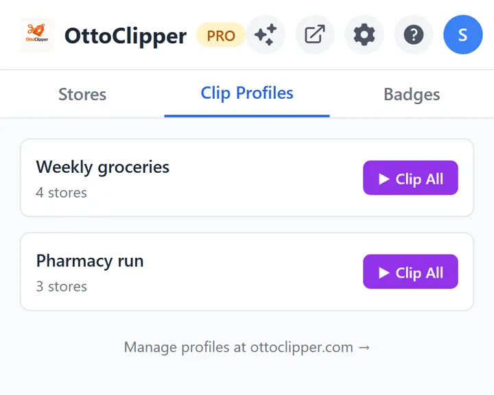 Two Clip Profiles in the extension, each with a Clip All button
