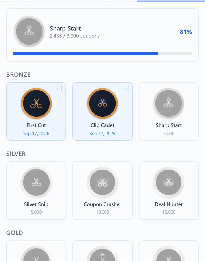 The Badges tab with earned and upcoming badges