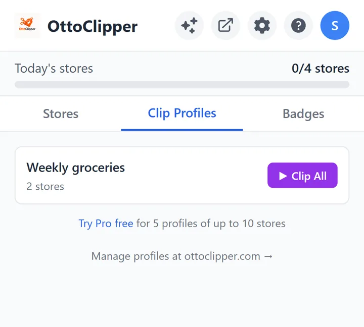 A Clip Profile with 2 stores and its Clip All button