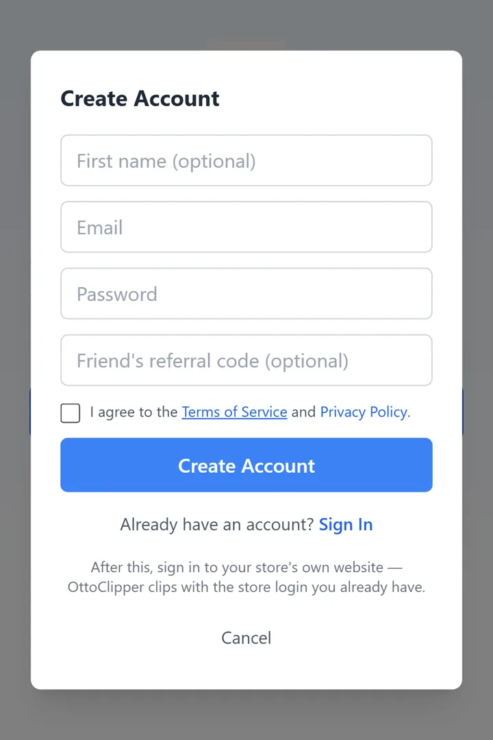 The Create Account form in the extension