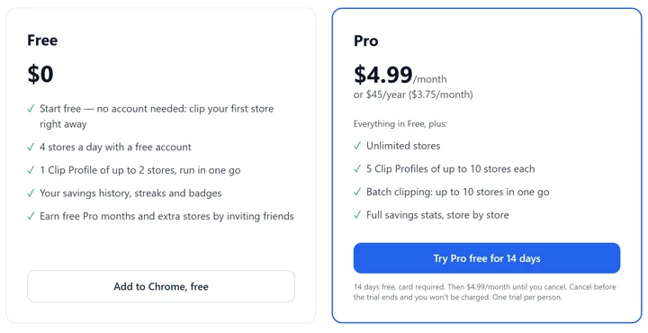 Free and Pro plans side by side