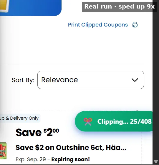 A real clipping run on a store’s coupon page, with the clip count