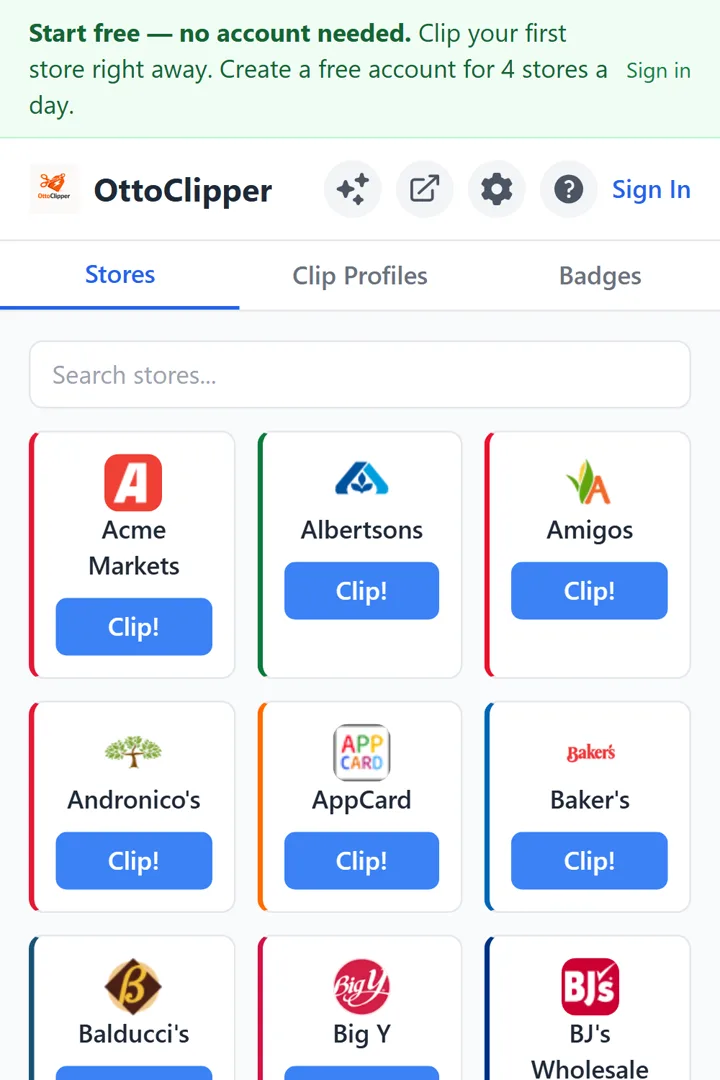 The OttoClipper popup with the store list and Clip buttons