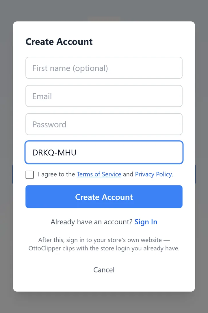A friend’s sign-up form with the referral code filled in